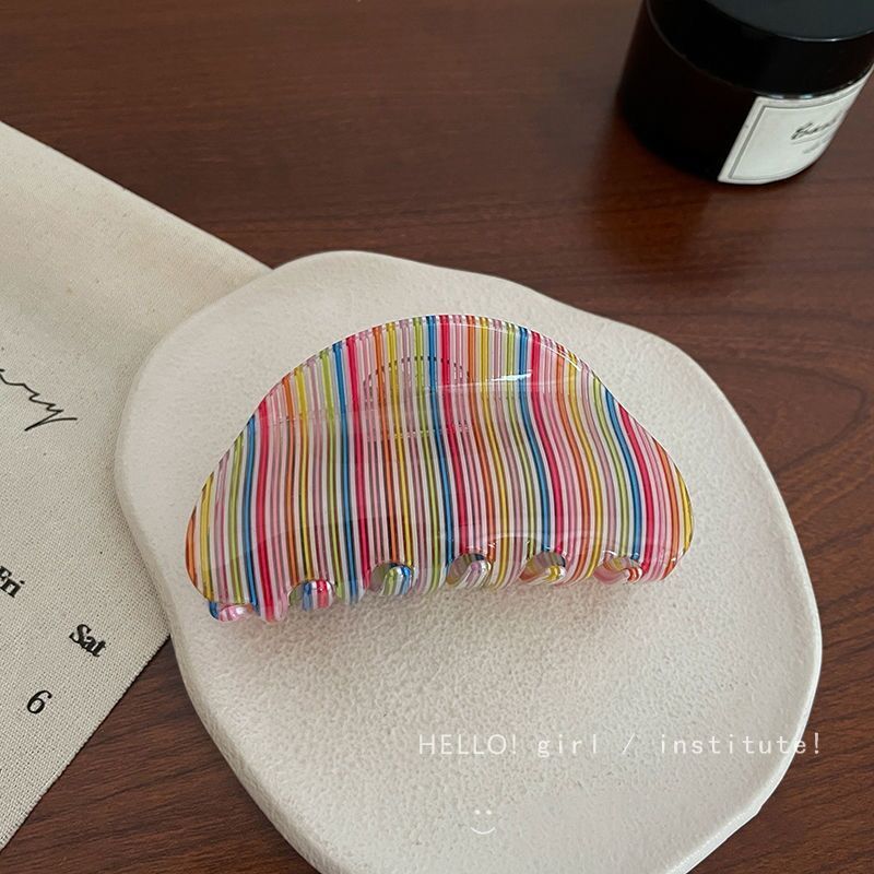 Rainbow Stripe Acrylic Hair Claw Clip – Colorful Retro Design (Medium)