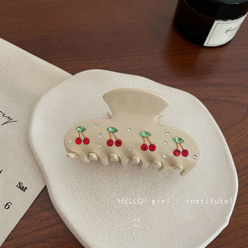 Cherry Rhinestone Acrylic Hair Claw Clip – Cream Beige (Medium)