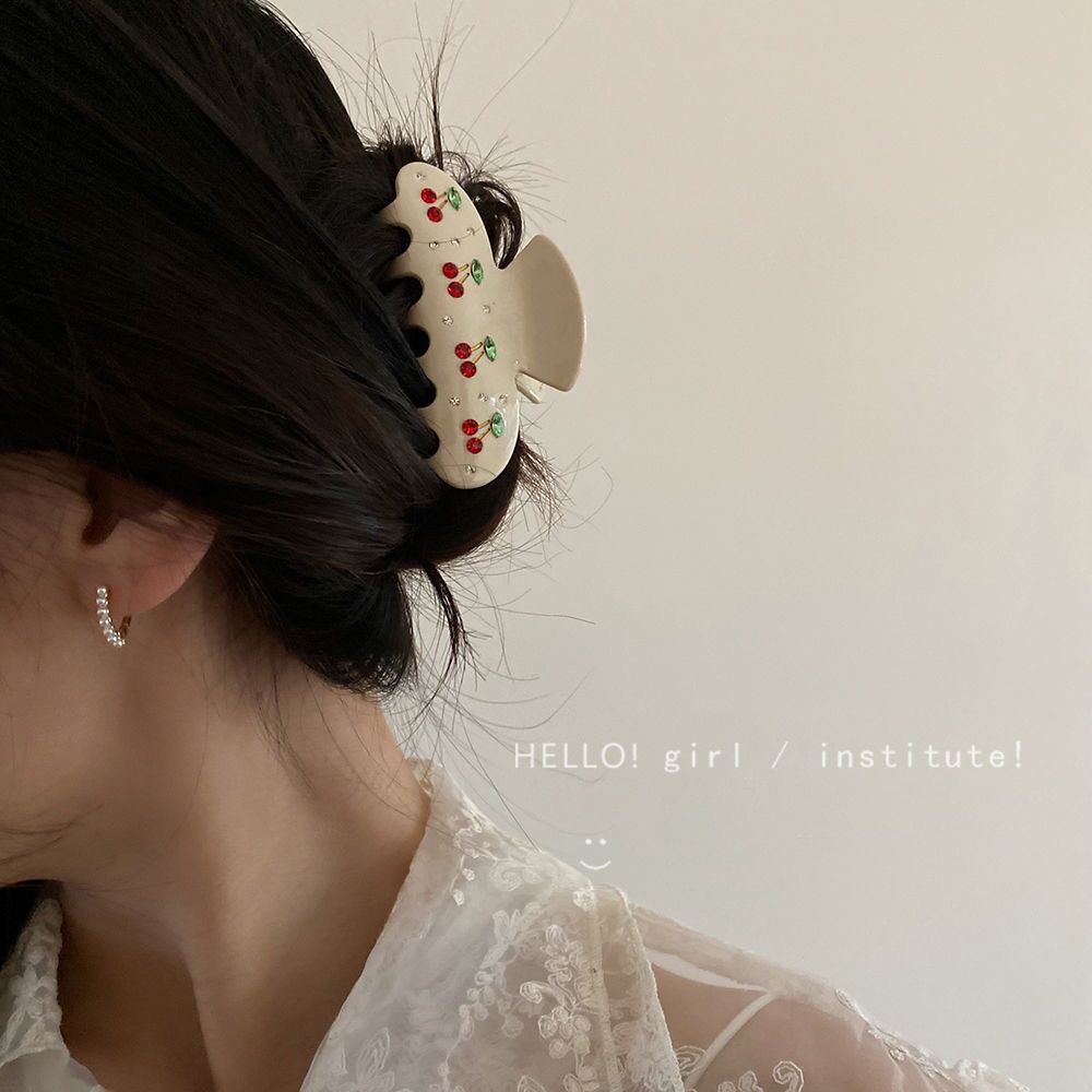 Cherry Rhinestone Acrylic Hair Claw Clip – Cream Beige (Medium)