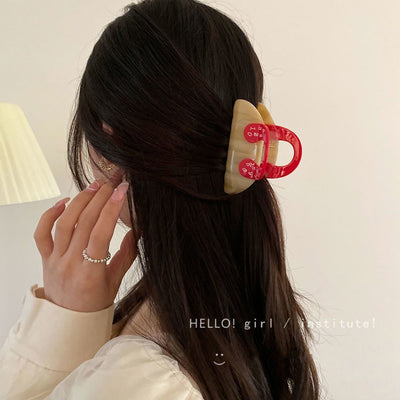 Retro Number Handle Hair Claw Clip – Beige Red Acrylic