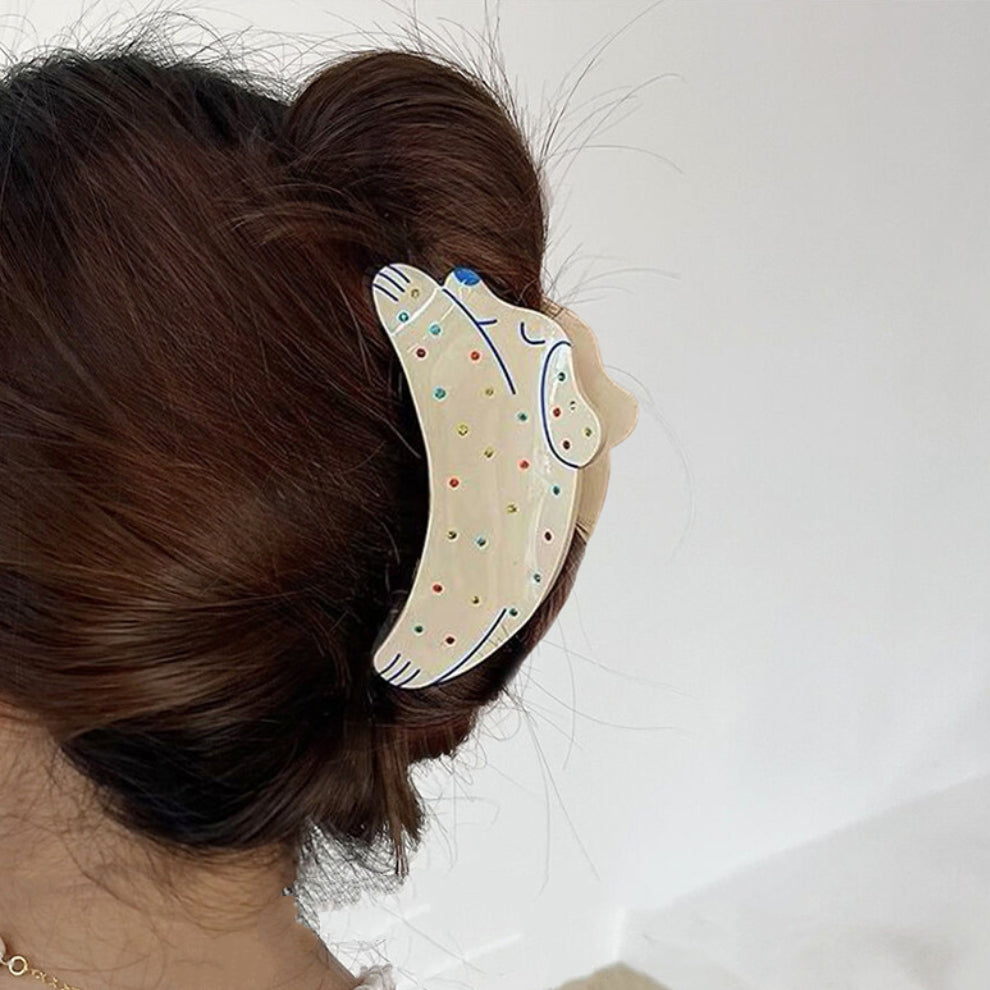 Acrylic White Puppy Hair Claw Clip Colorful Rhinestones – Medium